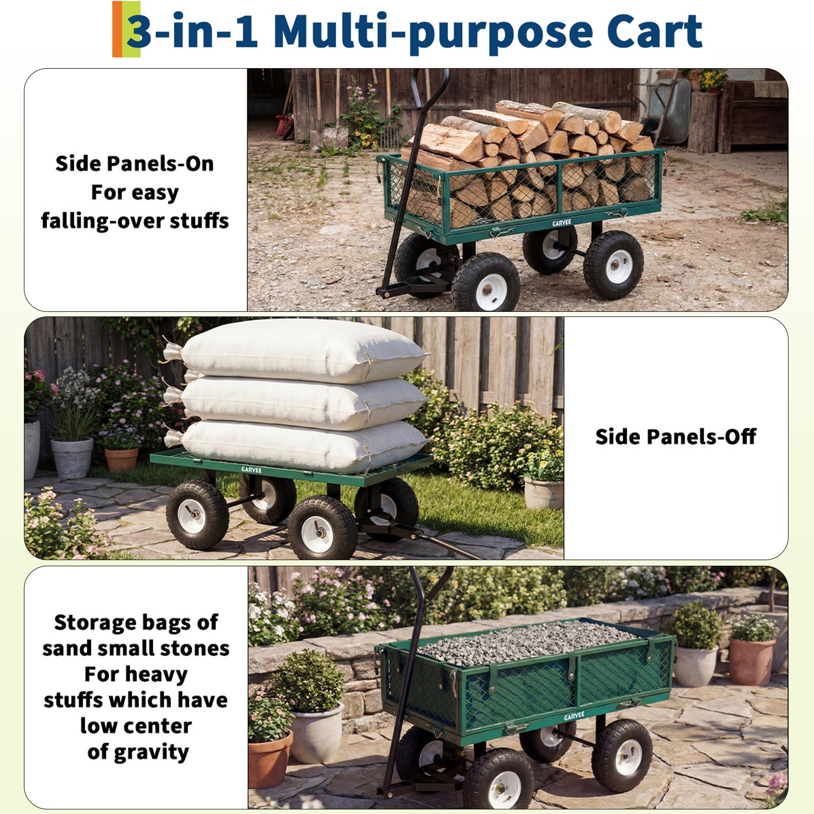 Garvee 400 lb Garden Cart Wagon, Heavy Duty Utility Cart with 10" Pneumatic Tires, Steel Frame, Removable Mesh Sides,Green