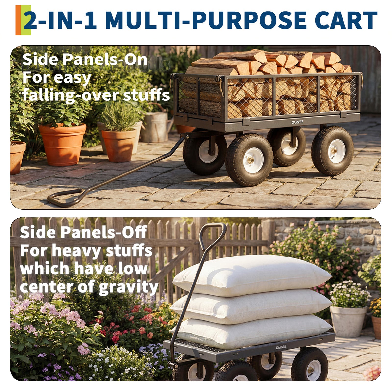 Garvee 400 lb Garden Cart Wagon, Heavy Duty Utility Yard Cart with 10" Pneumatic Tires, Removable Mesh Sides, Easy Maneuver, Gray