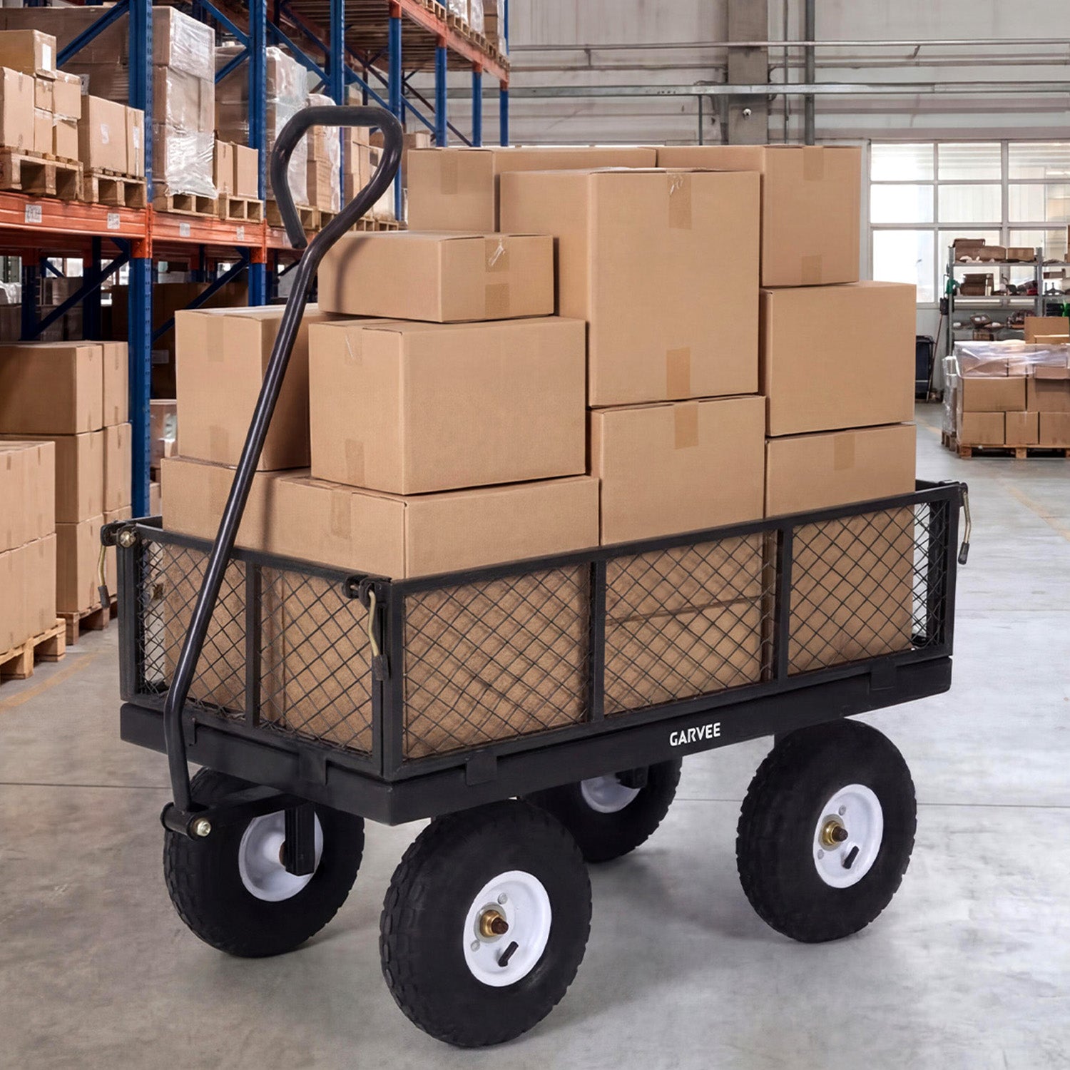Garvee 400 lb Garden Cart Wagon, Heavy Duty Utility Yard Cart with 10" Pneumatic Tires, Removable Mesh Sides, Easy Maneuver, Black