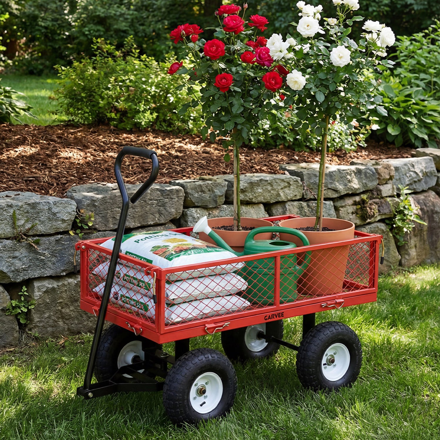 Garvee 400 lb Garden Cart Wagon, Heavy Duty Utility Cart with 10" Pneumatic Tires, Steel Frame, Removable Mesh Sides,Red