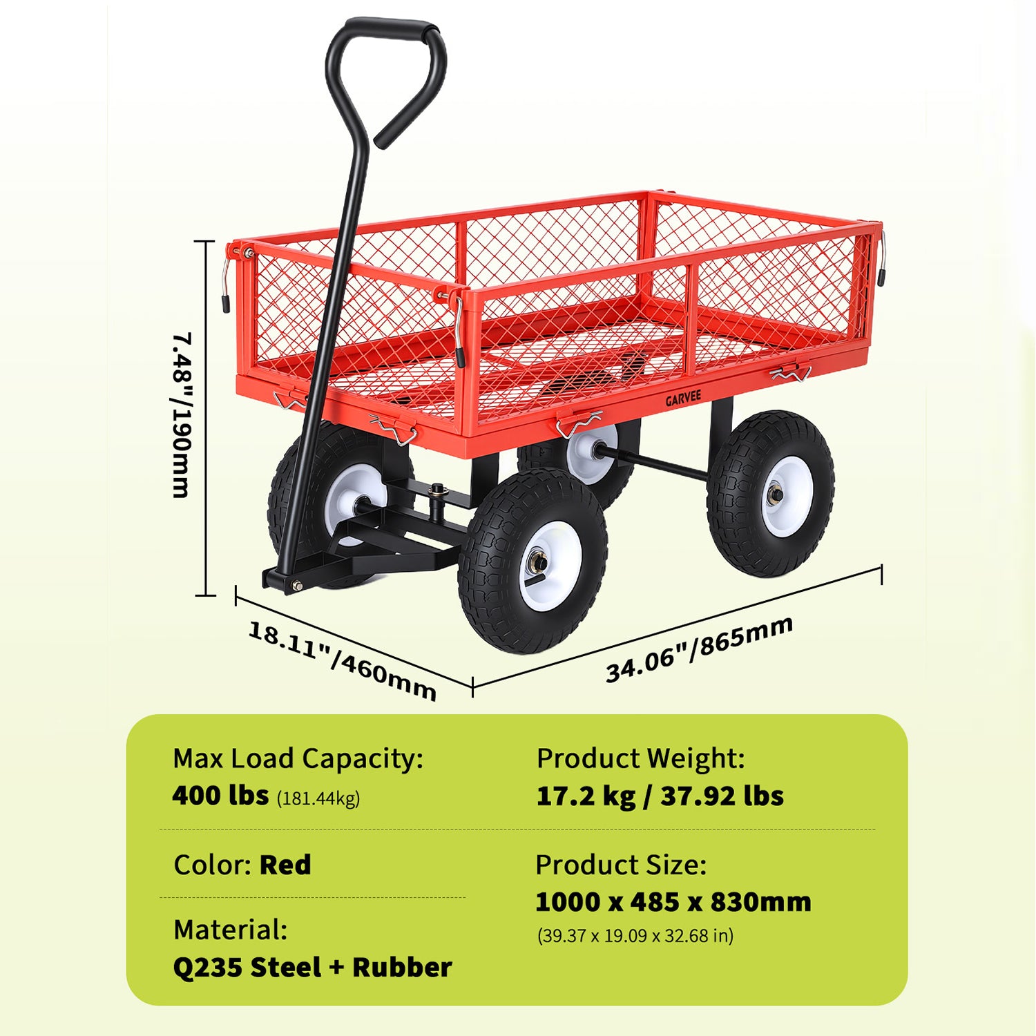 Garvee 400 lb Garden Cart Wagon, Heavy Duty Utility Cart with 10" Pneumatic Tires, Steel Frame, Removable Mesh Sides,Red