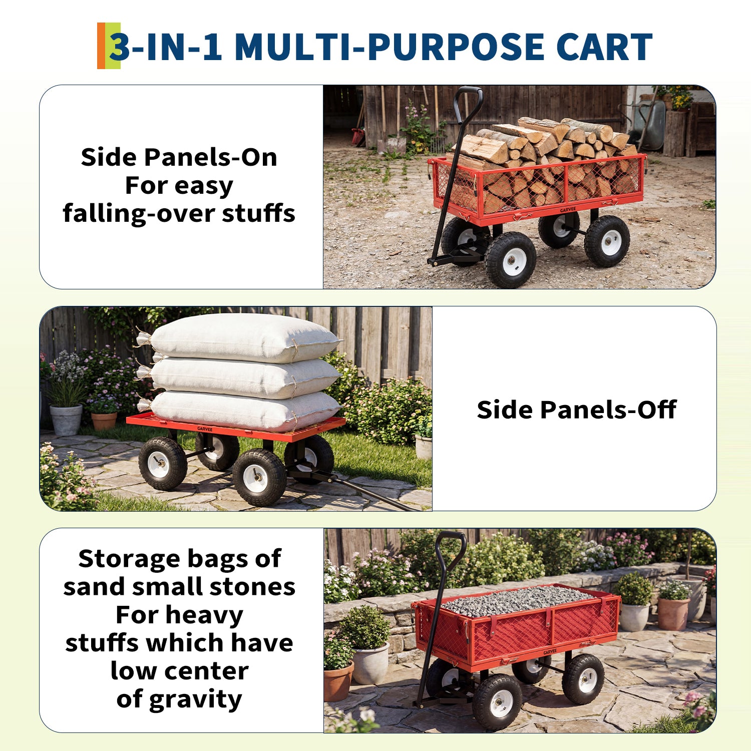 Garvee 400 lb Garden Cart Wagon, Heavy Duty Utility Cart with 10" Pneumatic Tires, Steel Frame, Removable Mesh Sides,Red