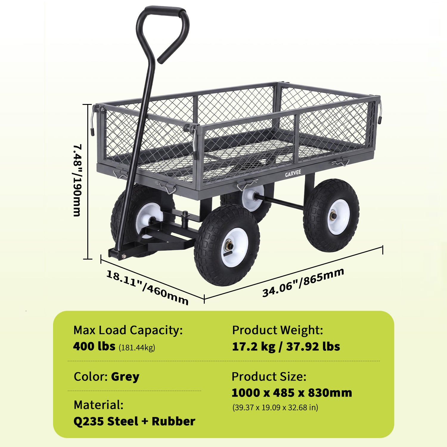 Garvee 400 lb Garden Cart Wagon, Heavy Duty Utility Cart with 10" Pneumatic Tires, Steel Frame, Removable Mesh Sides, Gray