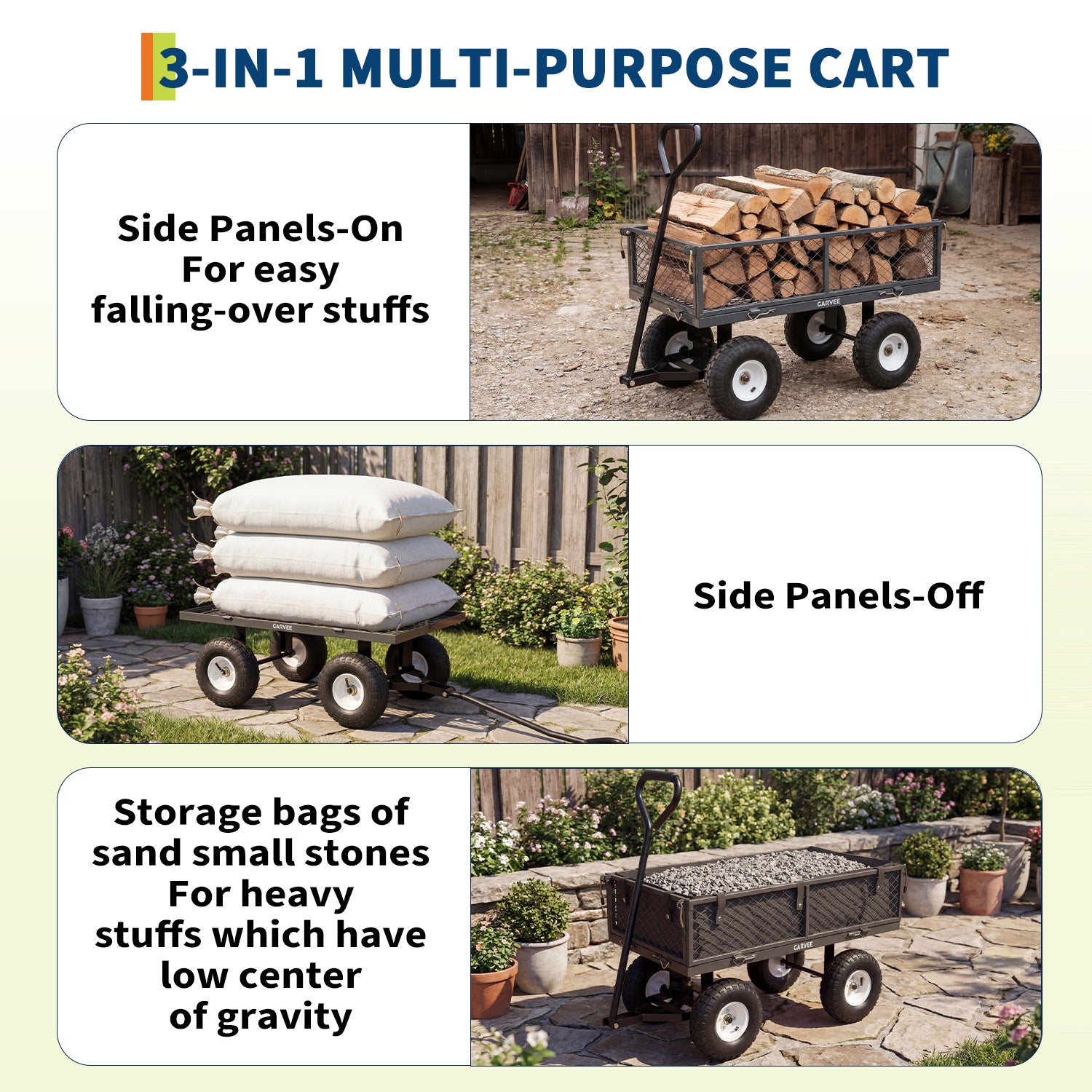 Garvee 400 lb Garden Cart Wagon, Heavy Duty Utility Cart with 10" Pneumatic Tires, Steel Frame, Removable Mesh Sides, Gray