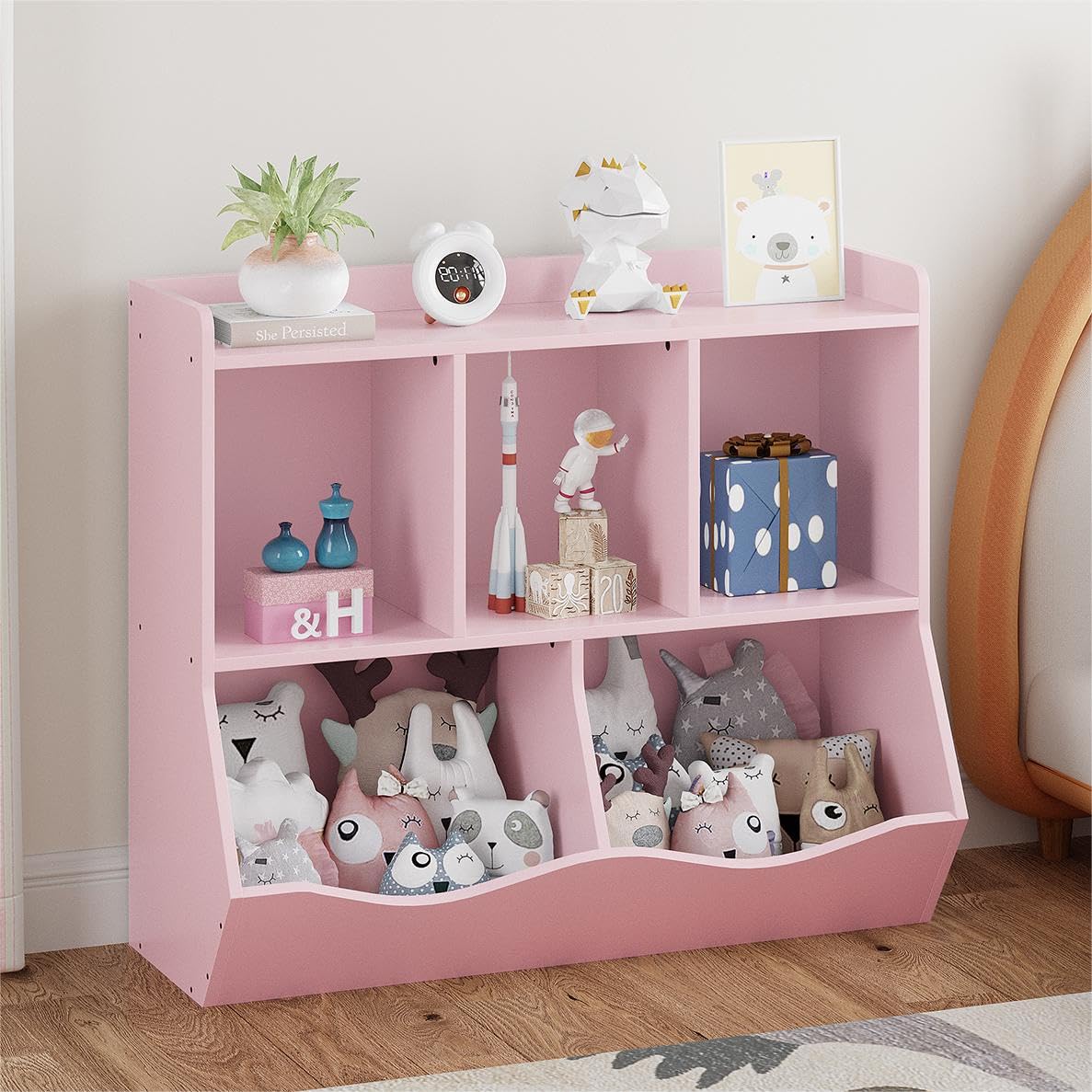 Garvee Kids Toy Storage Organizer, Children Bookshelf with Storage Cubbies, Toddler Toy Shelf for Playroom, Living Room, Nursery for Girls, Pink