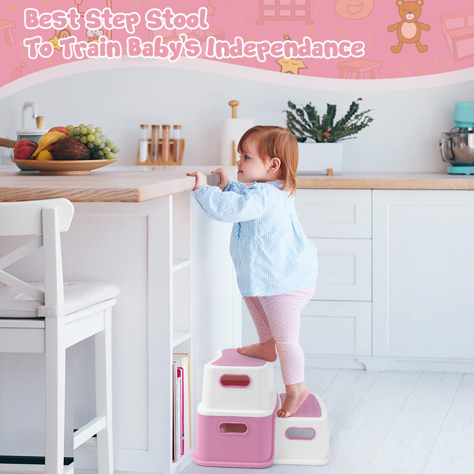 Garvee 2 Step Stools for Kids, Toddler Step Stool for Toilet Potty Training, Anti-Slip Potty Stools with Numbers/ABC, Bathroom Step Stool for Kitchen - Pink