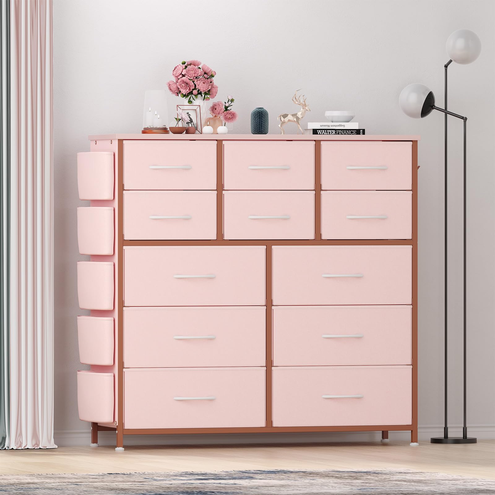 Garvee Dresser for Bedroom with 12 Drawer, Entryway, Storage Organizer Unit with Fabric, Sturdy Metal Frame, Wood Tabletop, Easy Pull Handle - Pink