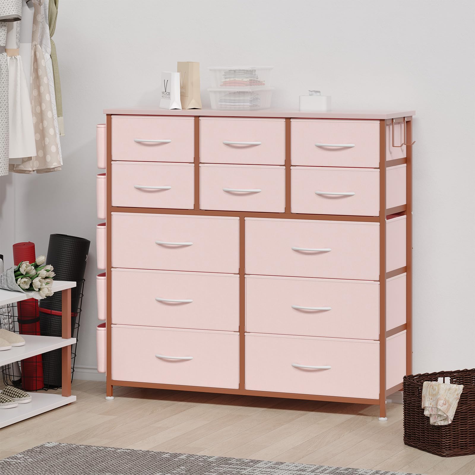 Garvee Dresser for Bedroom with 12 Drawer, Entryway, Storage Organizer Unit with Fabric, Sturdy Metal Frame, Wood Tabletop, Easy Pull Handle - Pink