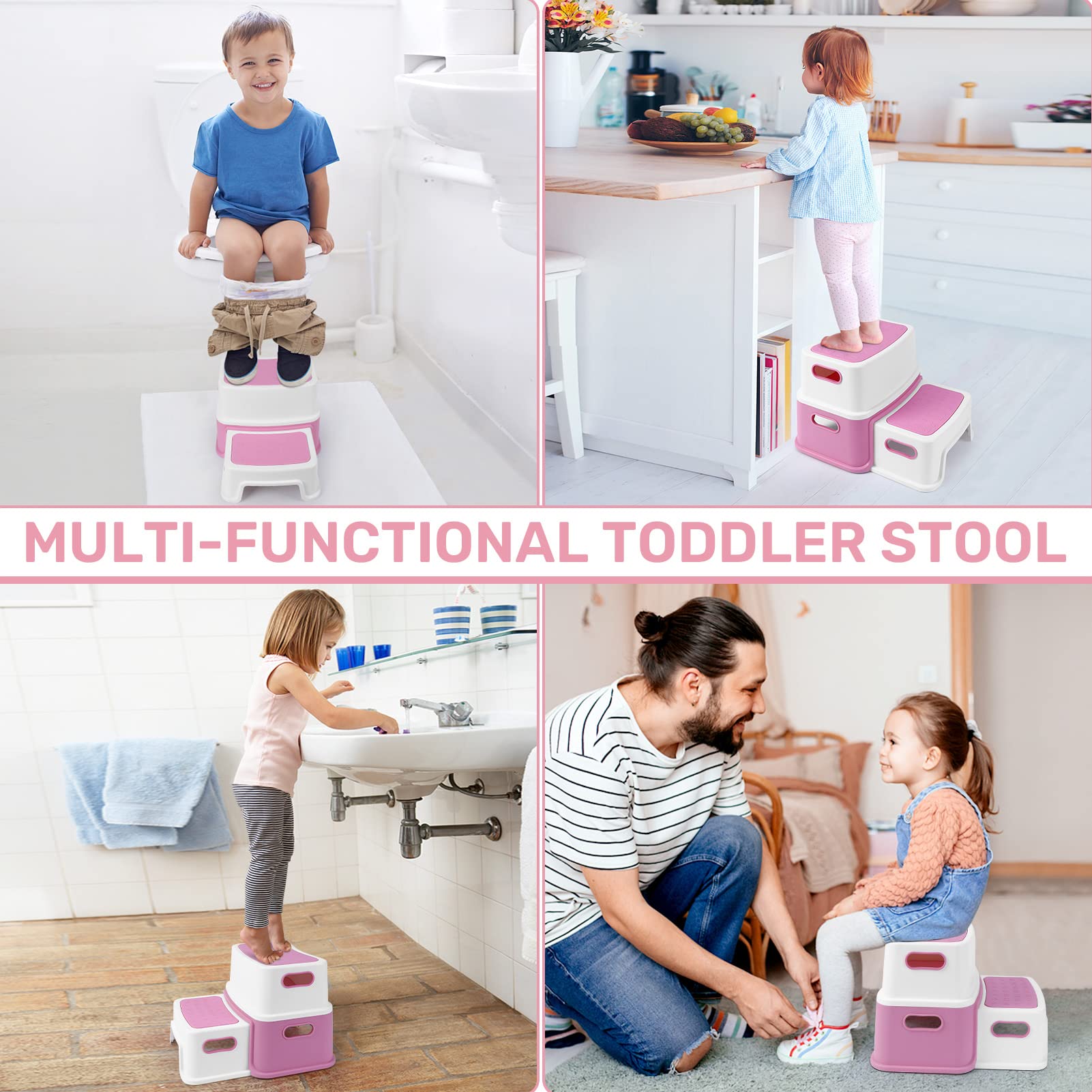 Garvee 2 Step Stools for Kids, Toddler Step Stool for Toilet Potty Training, Anti-Slip Potty Stools with Numbers/ABC, Bathroom Step Stool for Kitchen - Pink