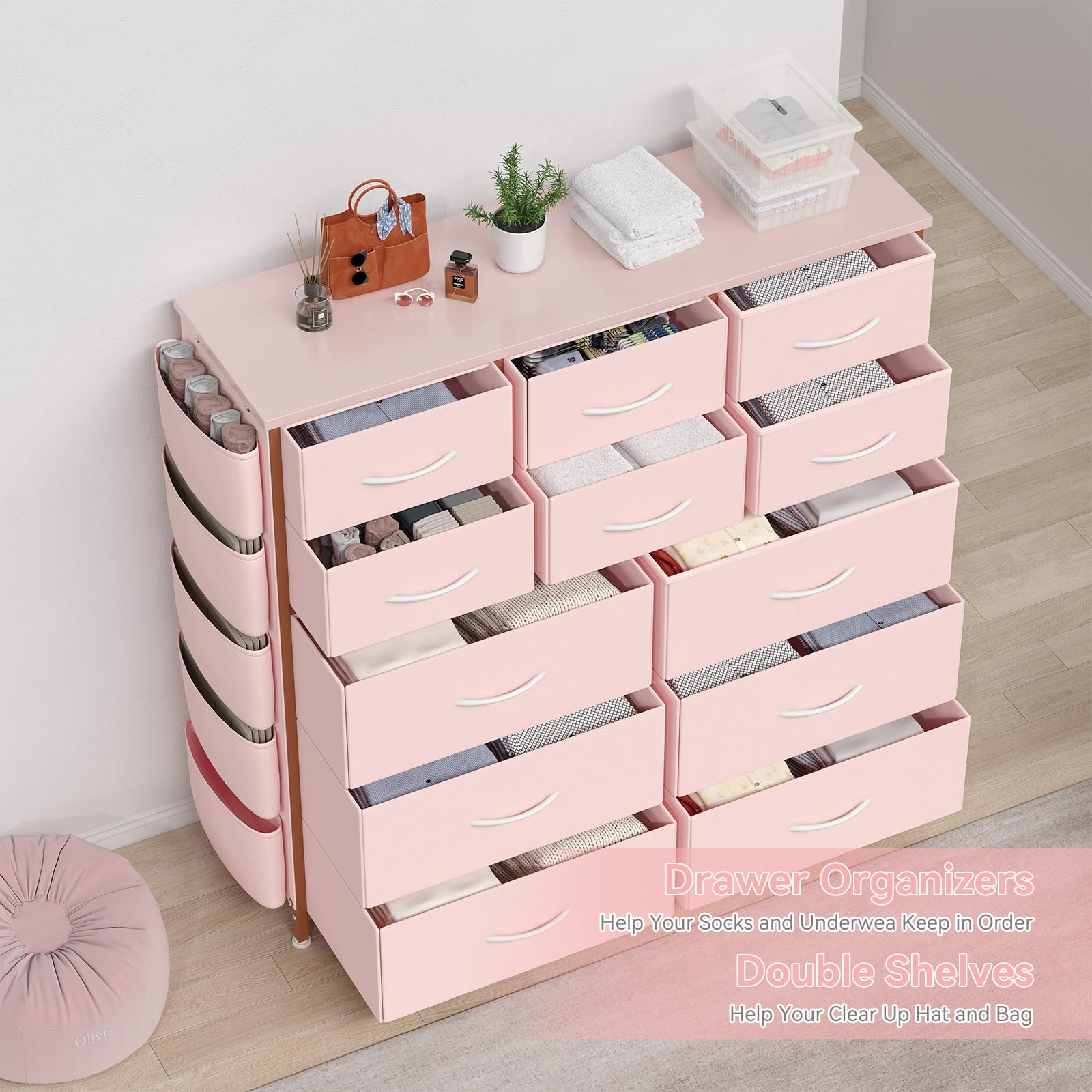 Garvee Dresser for Bedroom with 12 Drawer, Entryway, Storage Organizer Unit with Fabric, Sturdy Metal Frame, Wood Tabletop, Easy Pull Handle - Pink