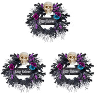 Garvee 3 Pack Halloween Wreath for Front Door, 22" Halloween Skull Wreath with Lights, Spooky Halloween Wreaths with Black, Blue, Purple Flowers, Indoor/Covered Outdoor Halloween Props Decoration