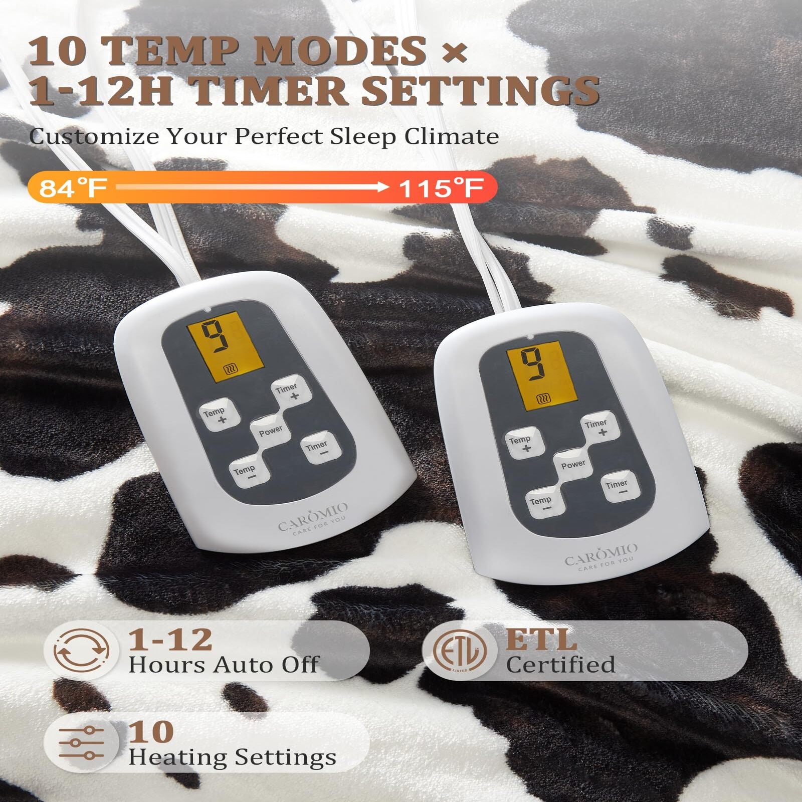 Garvee Heated Electric Blanket Queen Size with LCD Dual Controller, Cow Print Heating Blankets, 10 Heat Levels & 1-12H Time Settings, ETL Certified, Machine Washable, Brown White, 84" x 90"