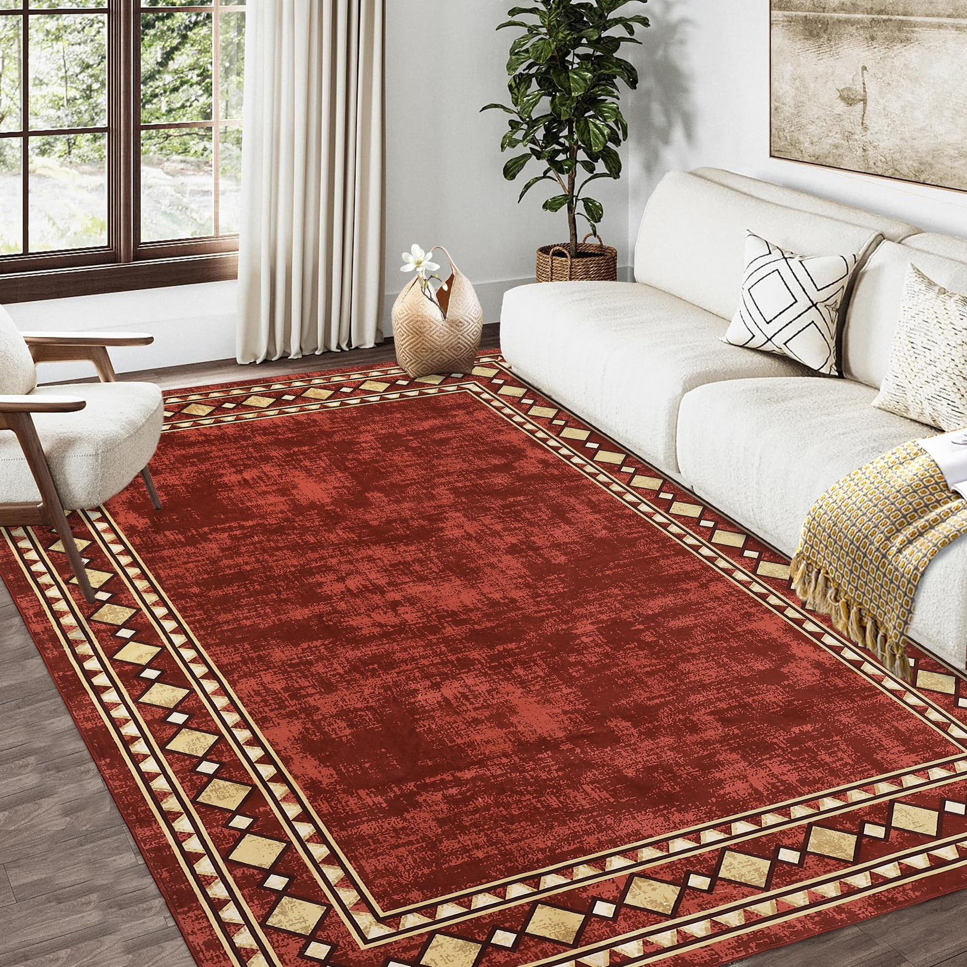 Garvee Bordered Red 10x13 Area Rug Extra Large Area Rug for Living Room, Modern Bordered Machine Washable Rug Stain Resistant Non-Slip Accent Rug Carpet Minimalist Border Floor Cover for Home Decor