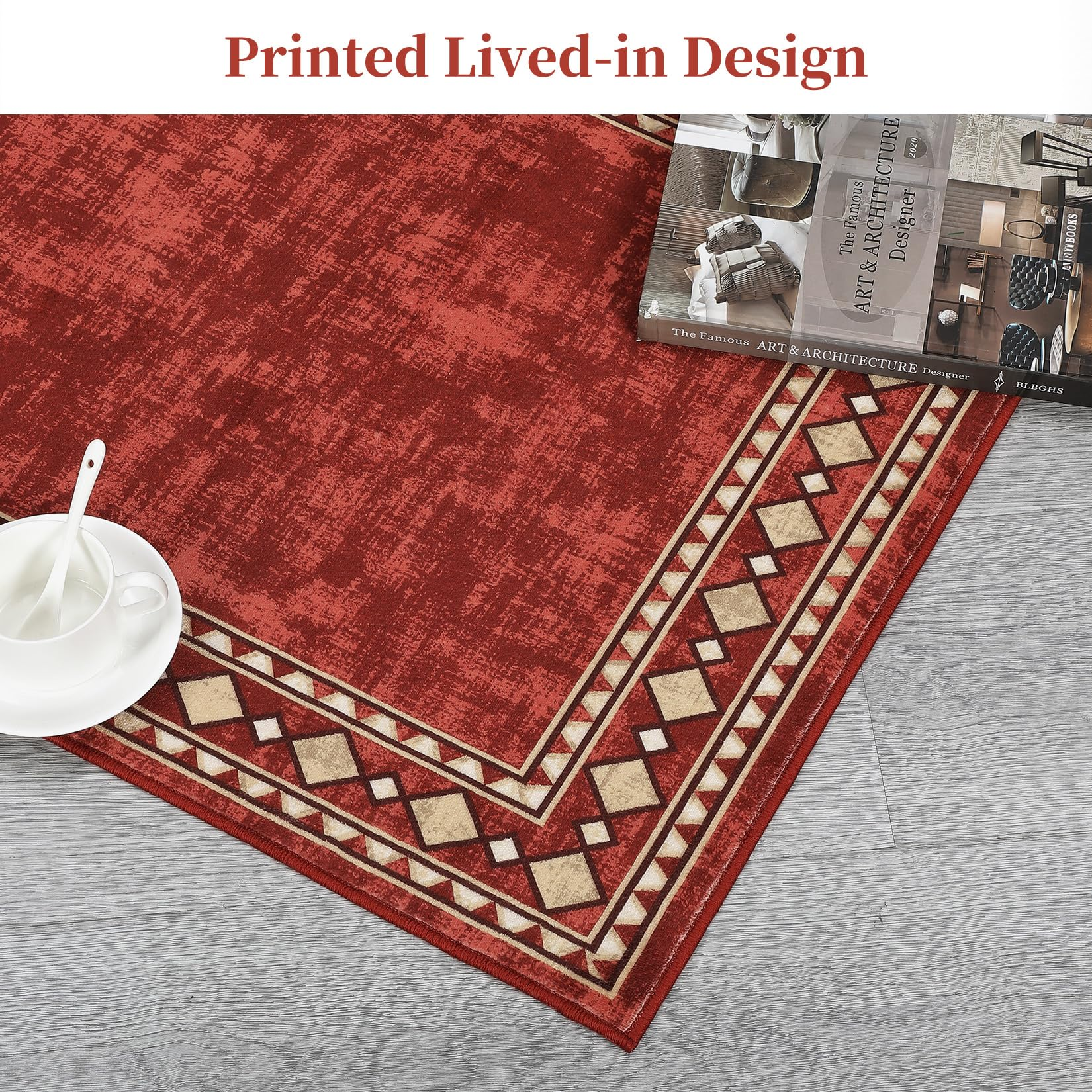Garvee Bordered Red 10x13 Area Rug Extra Large Area Rug for Living Room, Modern Bordered Machine Washable Rug Stain Resistant Non-Slip Accent Rug Carpet Minimalist Border Floor Cover for Home Decor