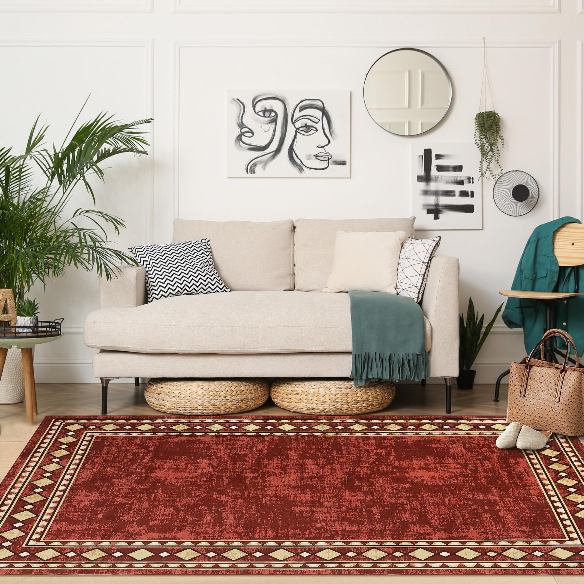 Garvee Bordered Red 10x13 Area Rug Extra Large Area Rug for Living Room, Modern Bordered Machine Washable Rug Stain Resistant Non-Slip Accent Rug Carpet Minimalist Border Floor Cover for Home Decor