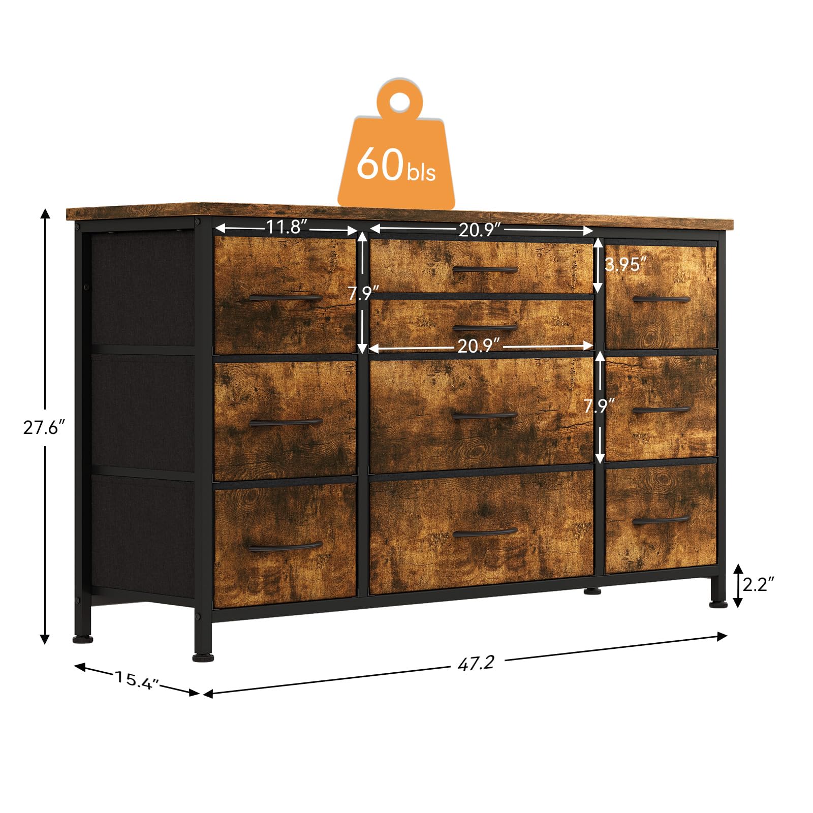 Garvee 10 Drawers Dresser TV Stand with Power Outlet for 55'' Long TV Stand, Wide Dresser Console Table for Storage Entertainment Center in Closet, Living Room, Entryway, Wood Top - Rustic Brown