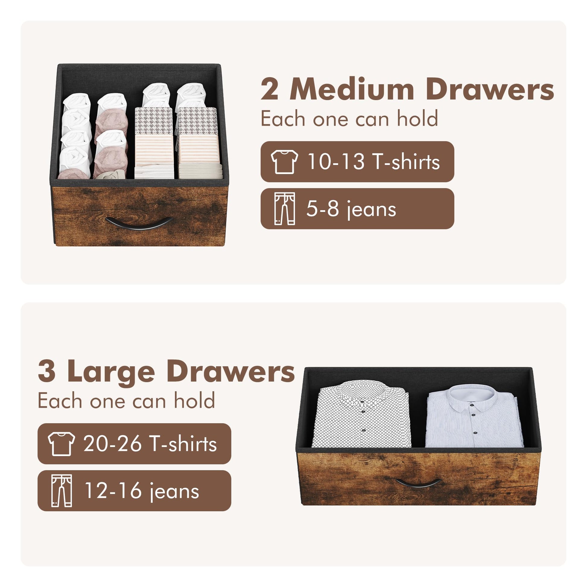 Garvee 5 Drawers Dresser for Bedroom with Shelf ,Chest of Drawers & Storage Drawers, Tall Fabric Storage Dresser for Living Room, Organizer Unit, Easy Assembly, Rustic Brown