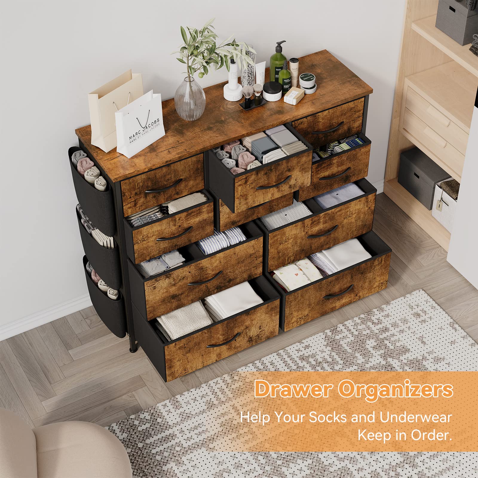 Garvee Dresser with 10 Drawers, Dressers & Chest of Drawers with Wood Tabletop for Bedroom Living Room Entryway - Rustic Brown