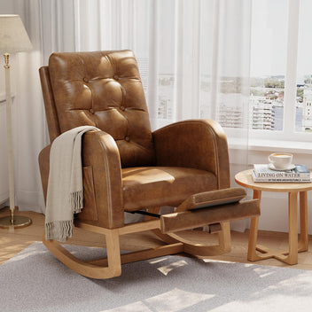 Garvee Nursery Rocking Chair with Adjustable Footrest, Breathable PU Leather Upholstery, Sturdy Wooden Legs & High Backrest, Comfortable Glider Rocking Chair for Living Room or Bedroom, Brown