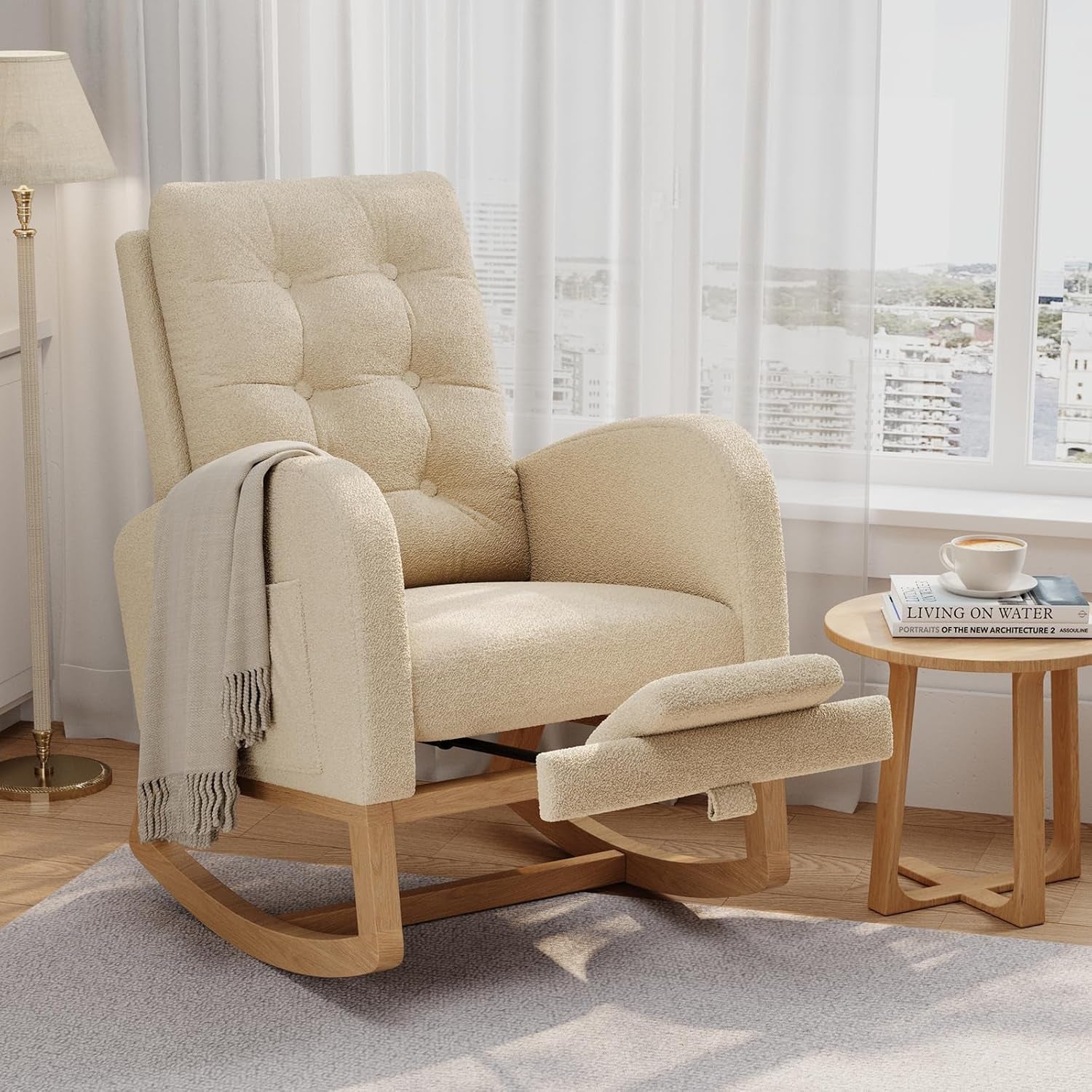 Garvee Nursery Rocking Chair with Adjustable Footrest, Teddy Fleece Upholstery, Sturdy Wooden Legs & High Backrest, Comfortable Glider Rocking Chair for Living Room or Bedroom, Beige