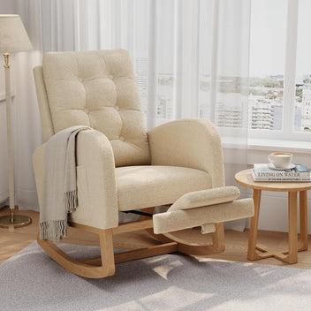 Garvee Nursery Rocking Chair with Adjustable Footrest, Teddy Fleece Upholstery, Sturdy Wooden Legs & High Backrest, Comfortable Glider Rocking Chair for Living Room or Bedroom, Light Brown
