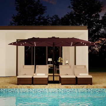 Garvee 15 × 9 ft Solar Patio Umbrella, Double-Sided Outdoor Umbrella with 36 LED Lights, Crank Lift, Cross Base & Sandbags for Patio, Poolside and Backyard, Wine Red