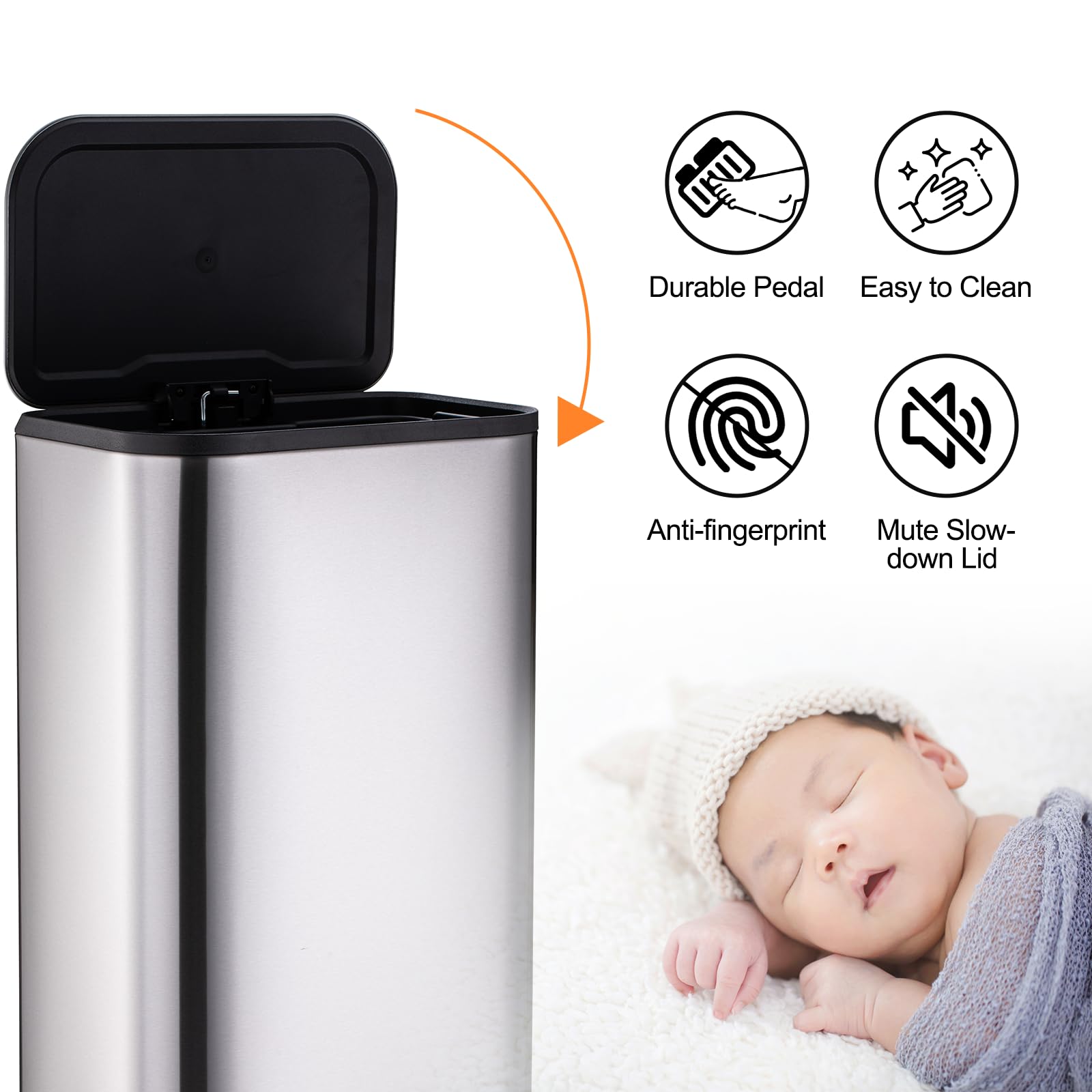Garvee 50L/13Gal Heavy Duty Hands-Free Stainless Steel Kitchen Trash Can, Commercial Rectangular Kitchen Waste Bin, with Soft Close Lid & Inner Liner, Fingerprint-Resistant