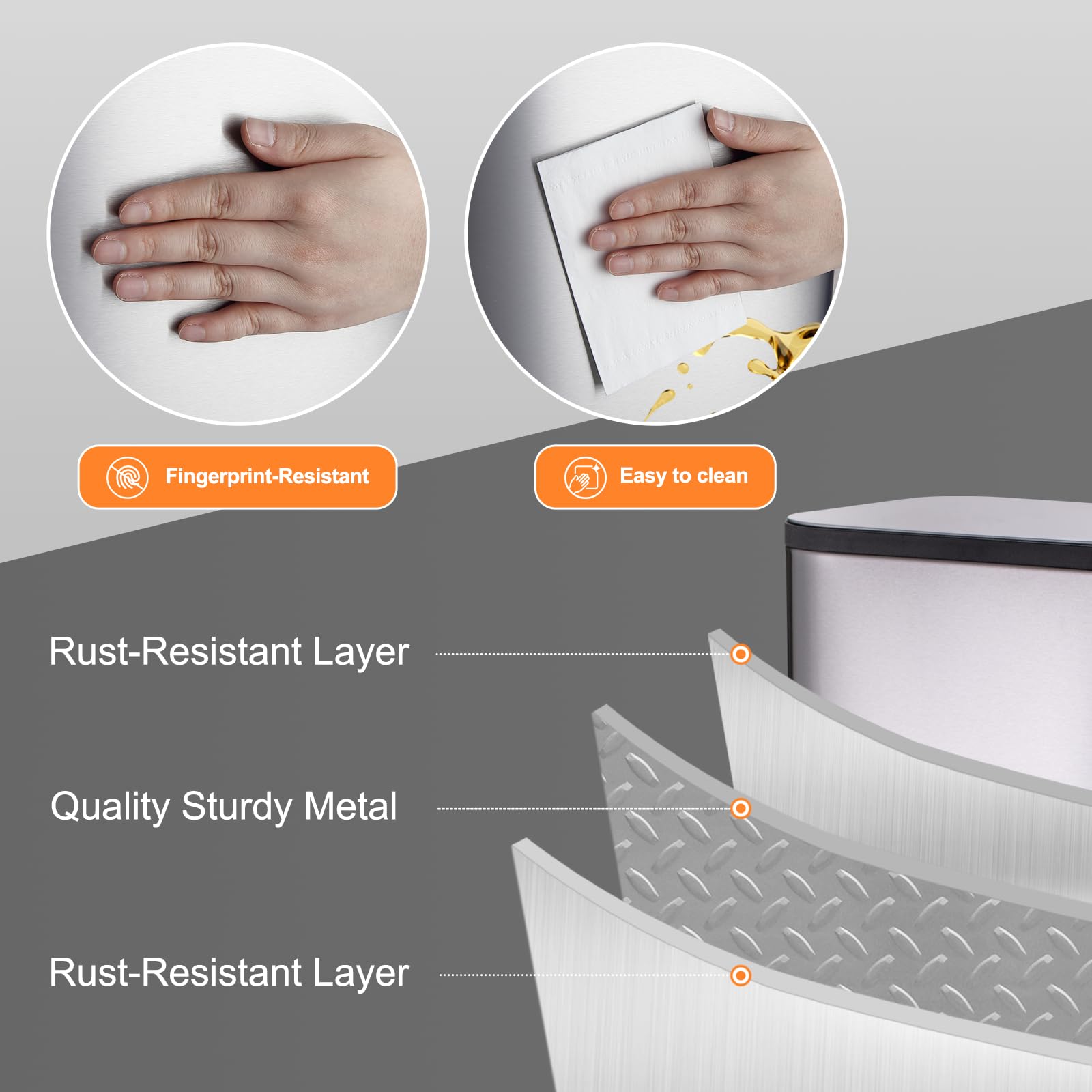 Garvee 50L/13Gal Heavy Duty Hands-Free Stainless Steel Kitchen Trash Can, Commercial Rectangular Kitchen Waste Bin, with Soft Close Lid & Inner Liner, Fingerprint-Resistant