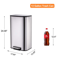 Garvee 50L/13Gal Heavy Duty Hands-Free Stainless Steel Kitchen Trash Can, Commercial Rectangular Kitchen Waste Bin, with Soft Close Lid & Inner Liner, Fingerprint-Resistant