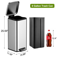 Garvee 8 Gallon Step Trash Can, Square Fingerprint-Proof Garage Can with Soft-Close Lid for Kitchen, with Removable Inner Bucket, 30-Liter