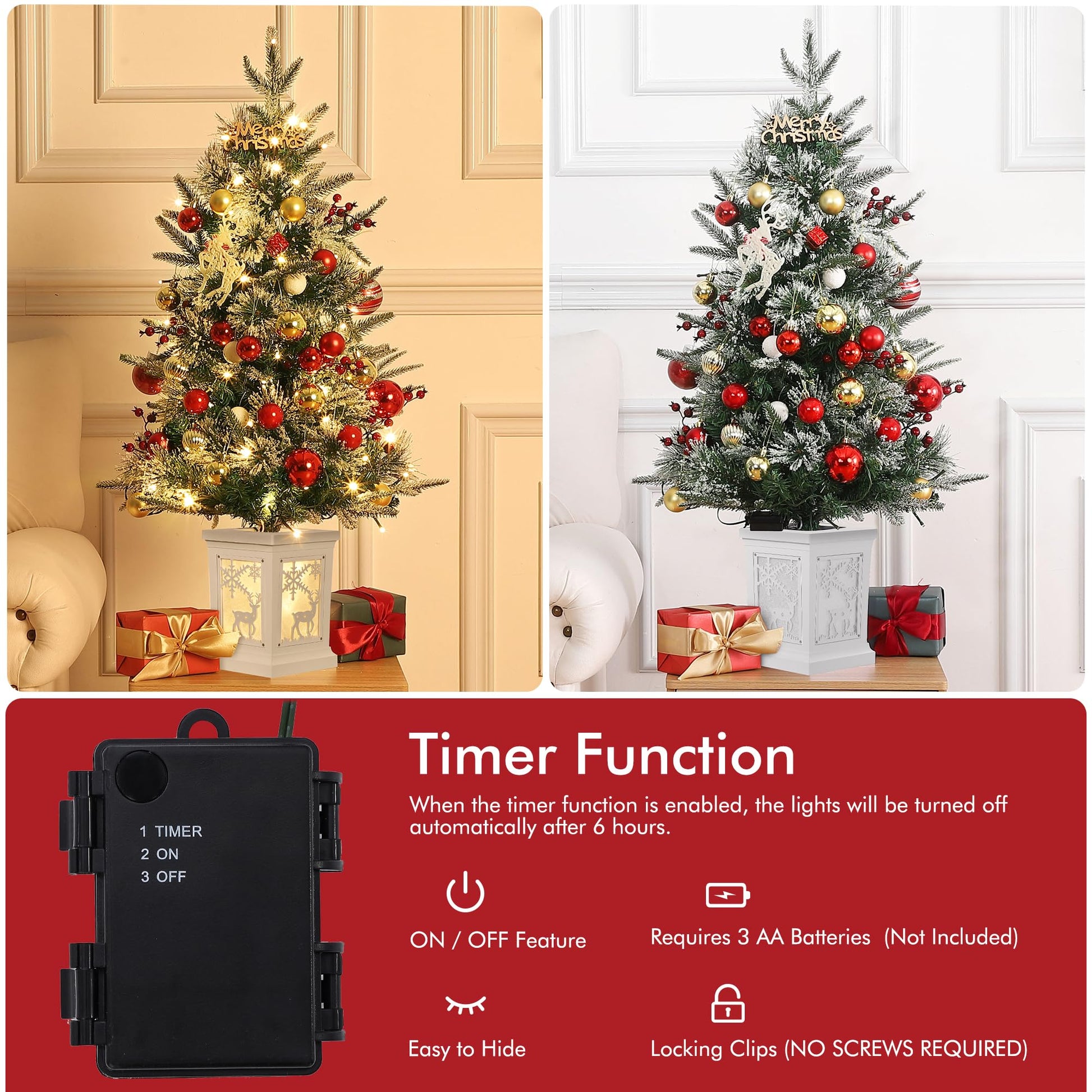 Garvee 3ft Pre-Lit Christmas Tree, Artificial Christmas Trees with Lighting Elk Base, Mini Christmas Trees with 78 LED Lights, Battery Operated and Timer Function, Xmas Decoration for Home
