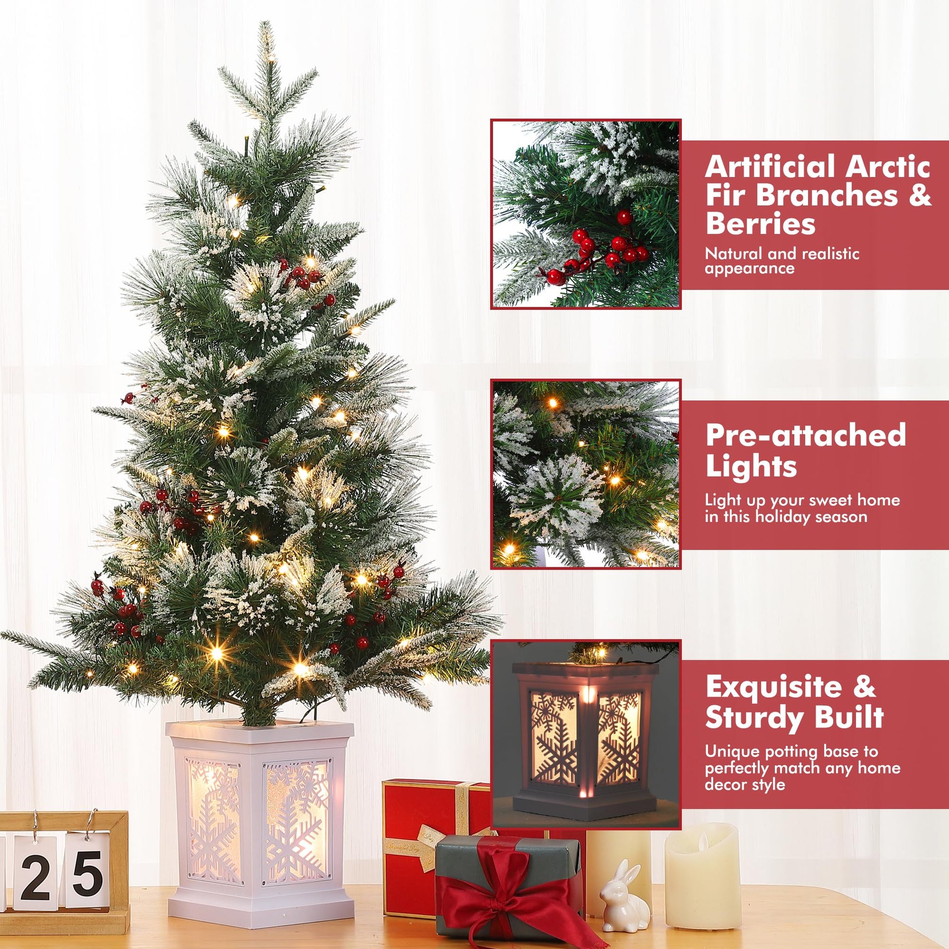 Garvee 3ft Mini Christmas Tree, 2 Set Pre-Lit Artificial Tree with 78 Lights, Tabletop Christmas Tree with 8 Lighting Modes, Snow Flocked Xmas Tree with Snowflake Base, Battery Operated