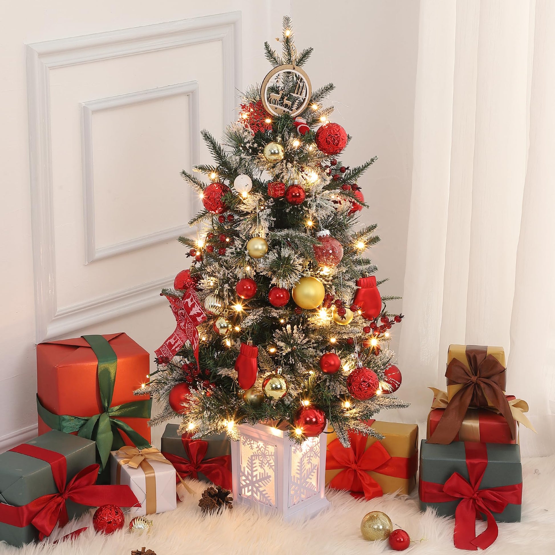 Garvee 3ft Mini Christmas Tree, 2 Set Pre-Lit Artificial Tree with 78 Lights, Tabletop Christmas Tree with 8 Lighting Modes, Snow Flocked Xmas Tree with Snowflake Base, Battery Operated