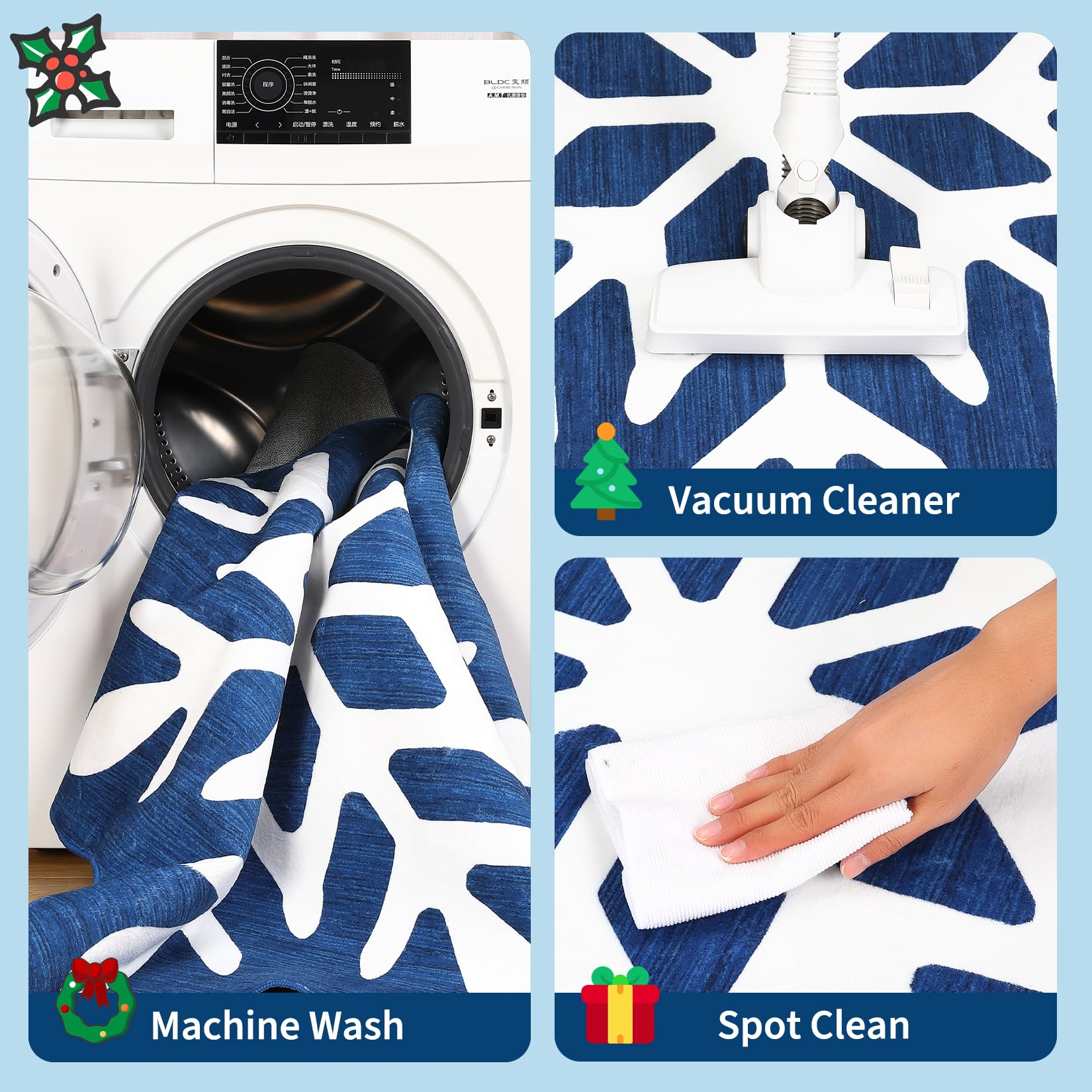 Garvee Christmas Bathroom Rugs 3x3 Snowflake Bath Mat, Non Slip Washable Area Rug, Low Pile Blue Soft Decorative Carpet, Foldable Floor Mats for Entryway, Bedroom, Under Christmas Tree