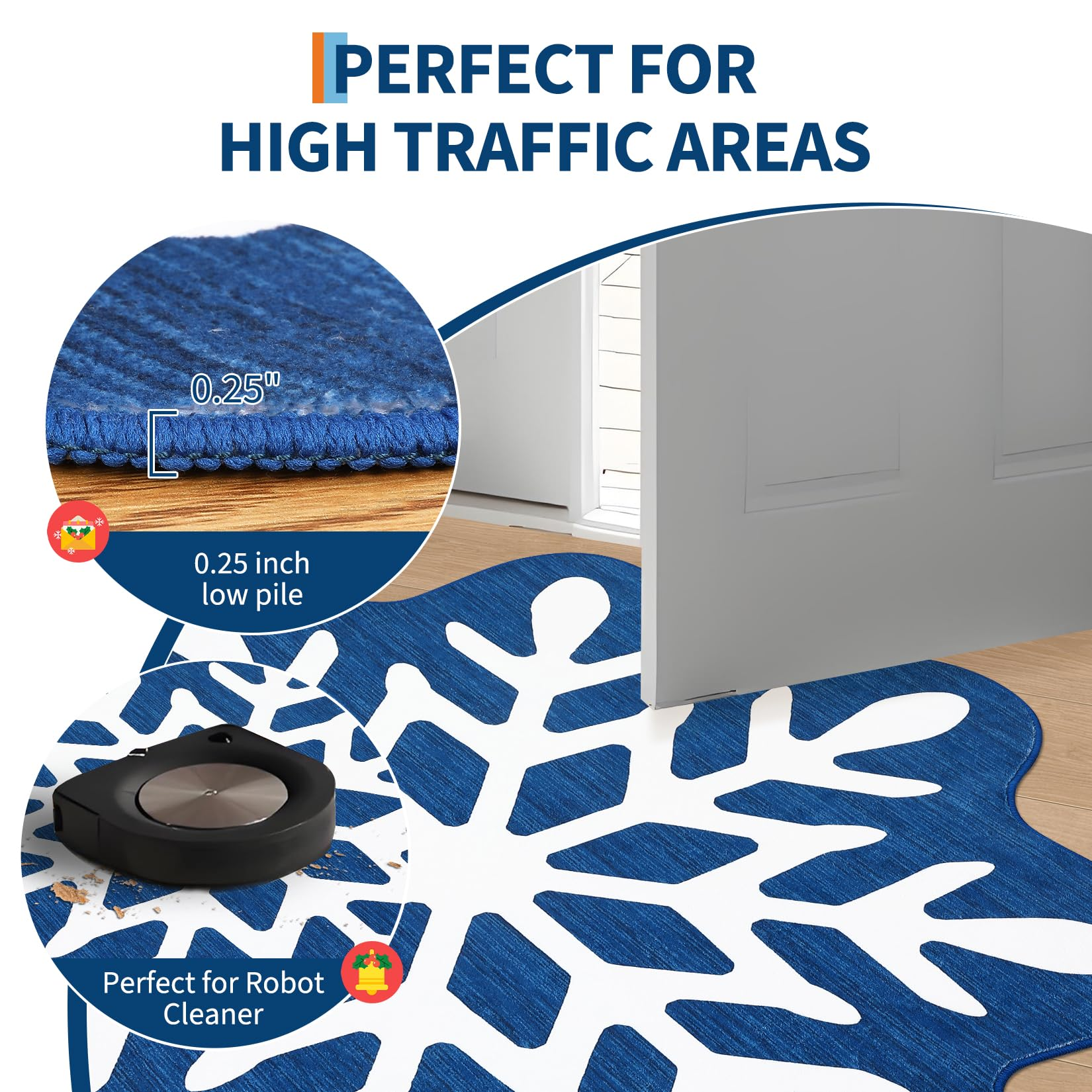 Garvee Christmas Snowflake Area Rug 5x5 Non Slip Decorative Washable Rugs for Living Room, Low Pile Blue Foldable Soft Carpet, Holiday Decor Floor Mats for Bedroom, Nursery