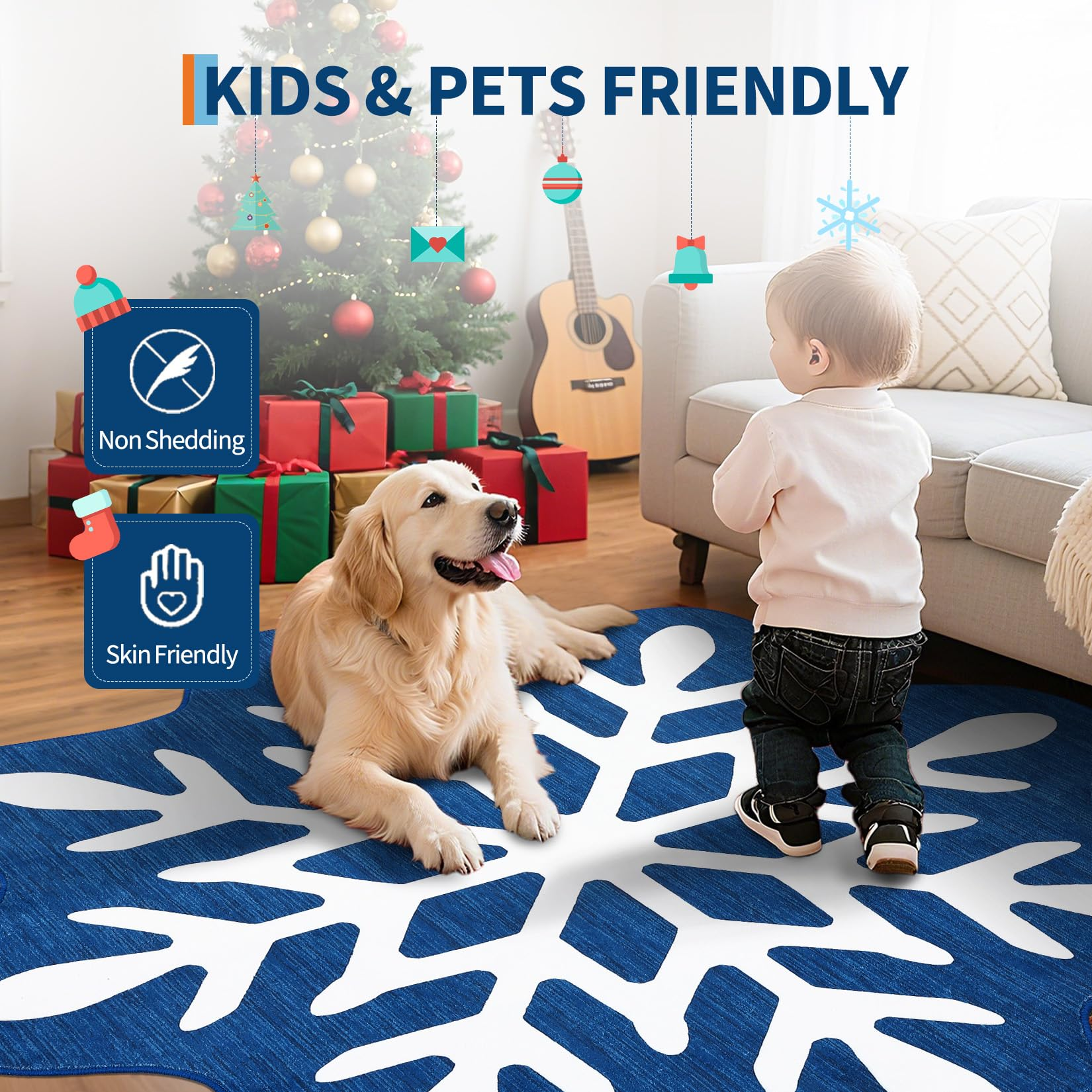 Garvee Christmas Bathroom Rugs 3x3 Snowflake Bath Mat, Non Slip Washable Area Rug, Low Pile Blue Soft Decorative Carpet, Foldable Floor Mats for Entryway, Bedroom, Under Christmas Tree