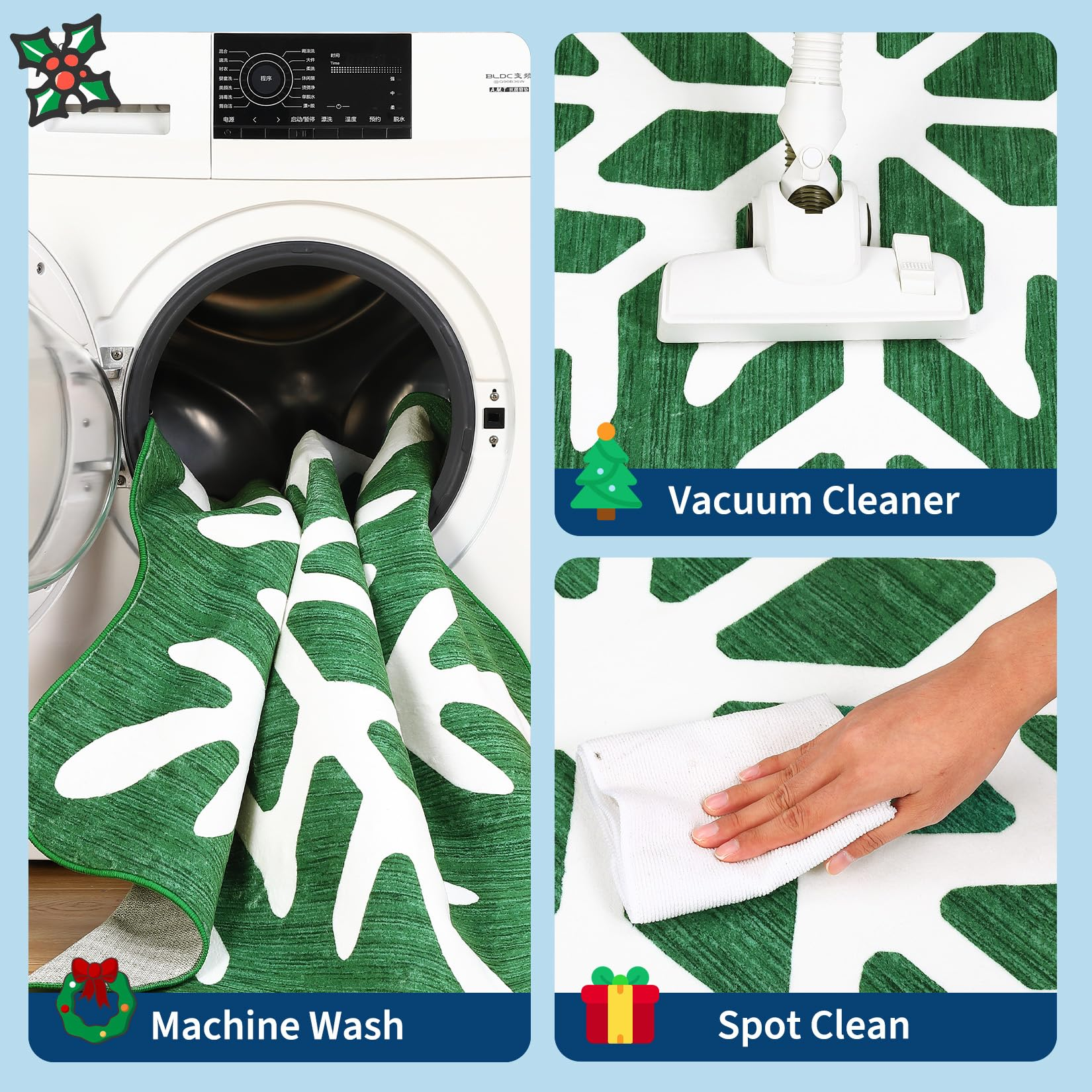 Garvee Christmas Snowflake Area Rug 5x5 Non Slip Decorative Washable Rugs for Living Room, Low Pile Green Foldable Soft Carpet, Holiday Decor Floor Mats for Bedroom, Nursery