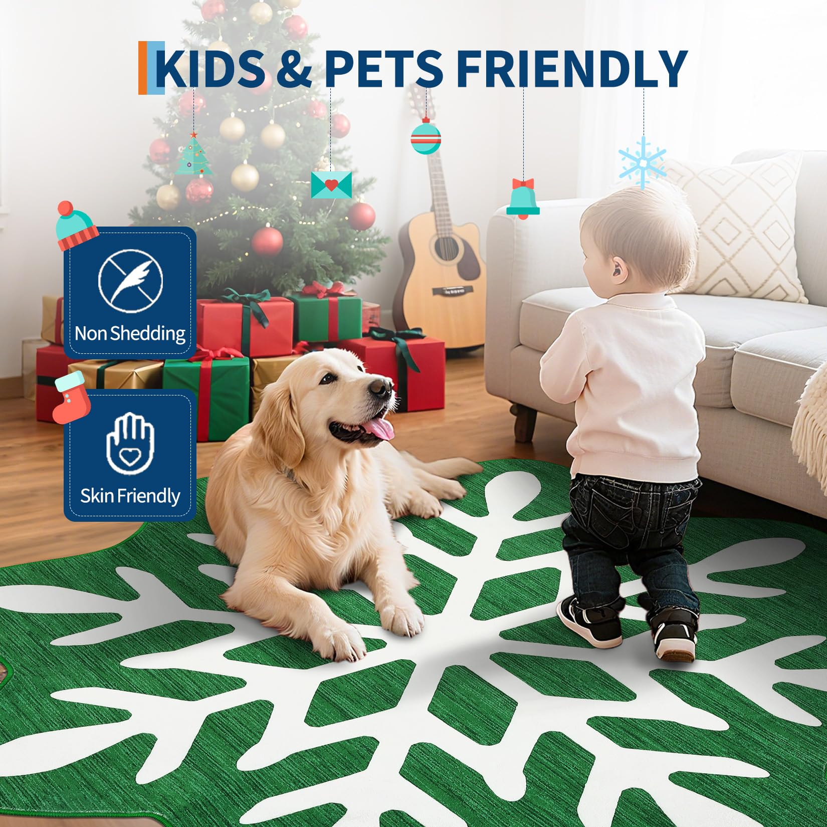 Garvee Christmas Snowflake Area Rug 5x5 Non Slip Decorative Washable Rugs for Living Room, Low Pile Green Foldable Soft Carpet, Holiday Decor Floor Mats for Bedroom, Nursery