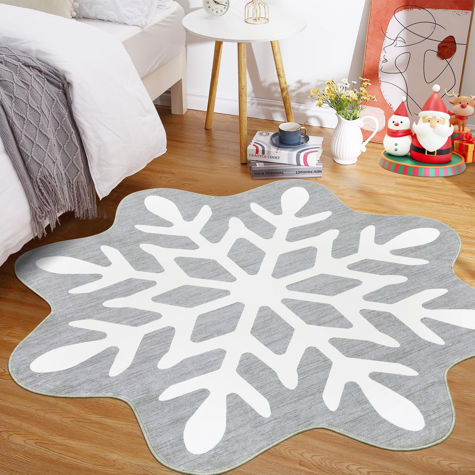 Garvee Christmas Snowflake Area Rug 5x5 Non Slip Decorative Washable Rugs for Living Room, Low Pile Grey Foldable Soft Carpet, Holiday Decor Floor Mats for Bedroom, Nursery