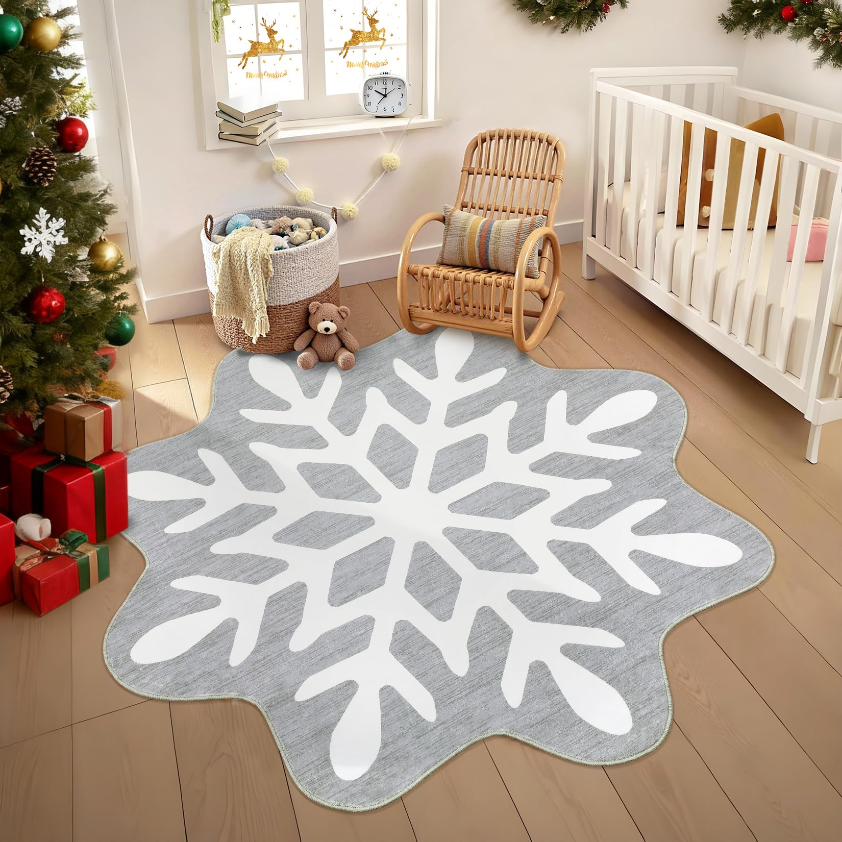 Garvee Christmas Snowflake Area Rug 5x5 Non Slip Decorative Washable Rugs for Living Room, Low Pile Grey Foldable Soft Carpet, Holiday Decor Floor Mats for Bedroom, Nursery