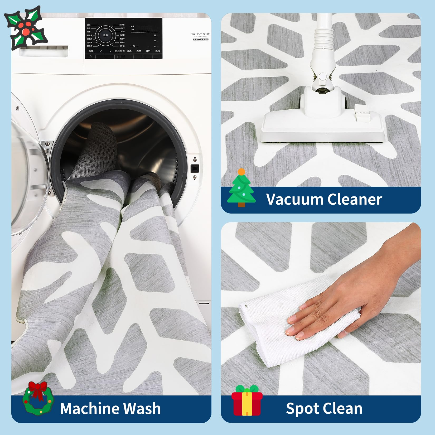 Garvee Christmas Snowflake Area Rug 4x4 Non Slip Decorative Washable Rugs for Living Room, Low Pile Grey Foldable Soft Carpet, Holiday Decor Floor Mats for Bedroom, Under Christmas Tree