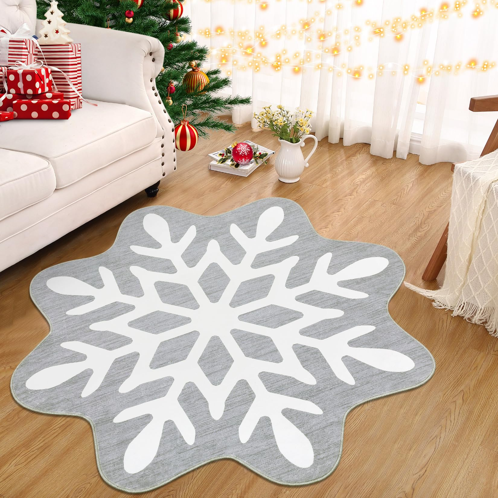Garvee Christmas Snowflake Area Rug 5x5 Non Slip Decorative Washable Rugs for Living Room, Low Pile Grey Foldable Soft Carpet, Holiday Decor Floor Mats for Bedroom, Nursery