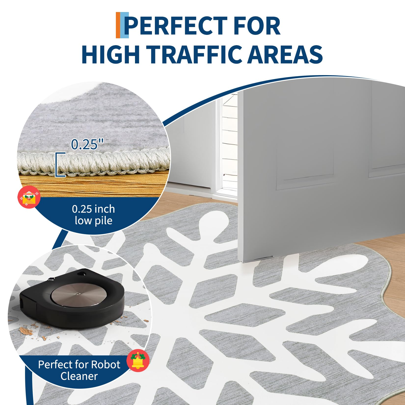 Garvee Christmas Snowflake Area Rug 5x5 Non Slip Decorative Washable Rugs for Living Room, Low Pile Grey Foldable Soft Carpet, Holiday Decor Floor Mats for Bedroom, Nursery