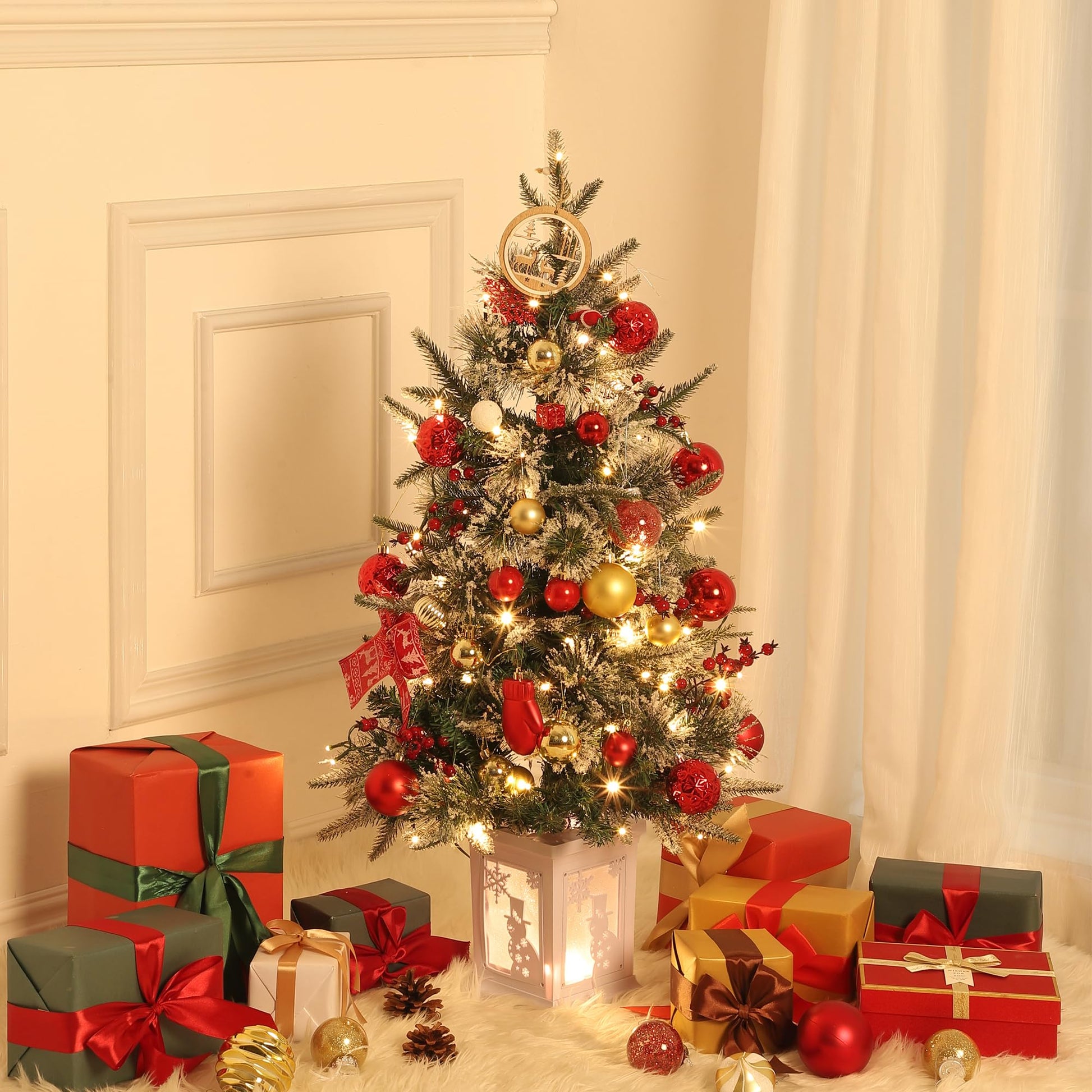 Garvee 3ft Pre-Lit Christmas Tree, Artificial Christmas Tree with Lighting Snowman Base, Snow Flocked Xmas Tree with 78 LED Lights, Battery Operated and Timer Function, Xmas Decoration for Home