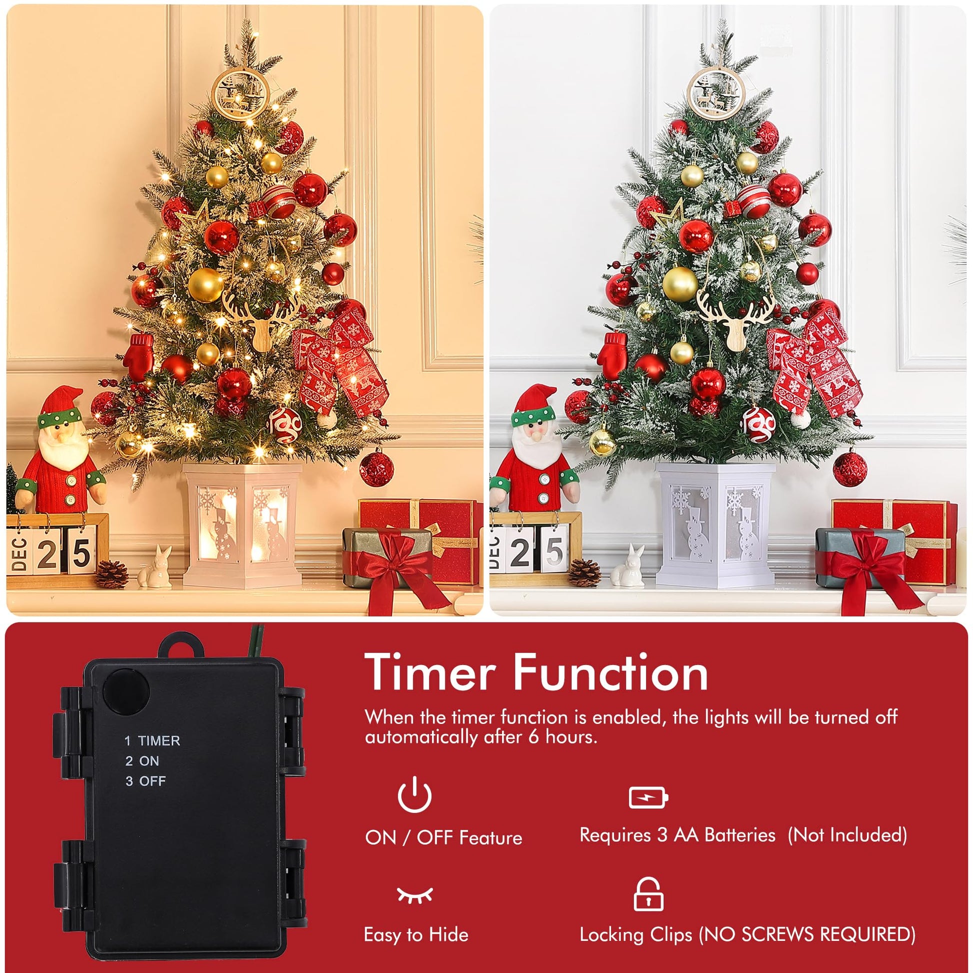 Garvee 3ft Pre-Lit Christmas Tree, Artificial Christmas Tree with Lighting Snowman Base, Snow Flocked Xmas Tree with 78 LED Lights, Battery Operated and Timer Function, Xmas Decoration for Home
