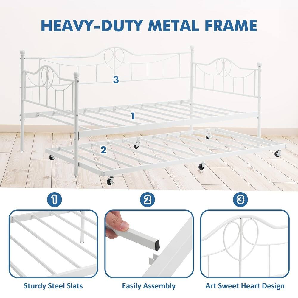Garvee Twin Daybed with Trundle Bed,Metal Twin Day Bed Twin Size With Steel Slat Support, Sofa Bed for Living Room and Guest Room - White