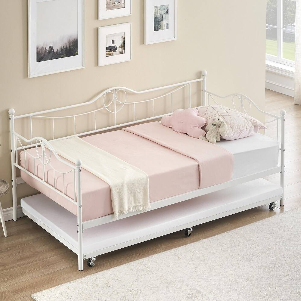 Garvee Twin Daybed with Trundle Bed,Metal Twin Day Bed Twin Size With Steel Slat Support, Sofa Bed for Living Room and Guest Room - White