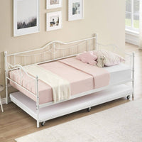 Garvee Twin Daybed with Trundle Bed,Metal Twin Day Bed Twin Size With Steel Slat Support, Sofa Bed for Living Room and Guest Room - White