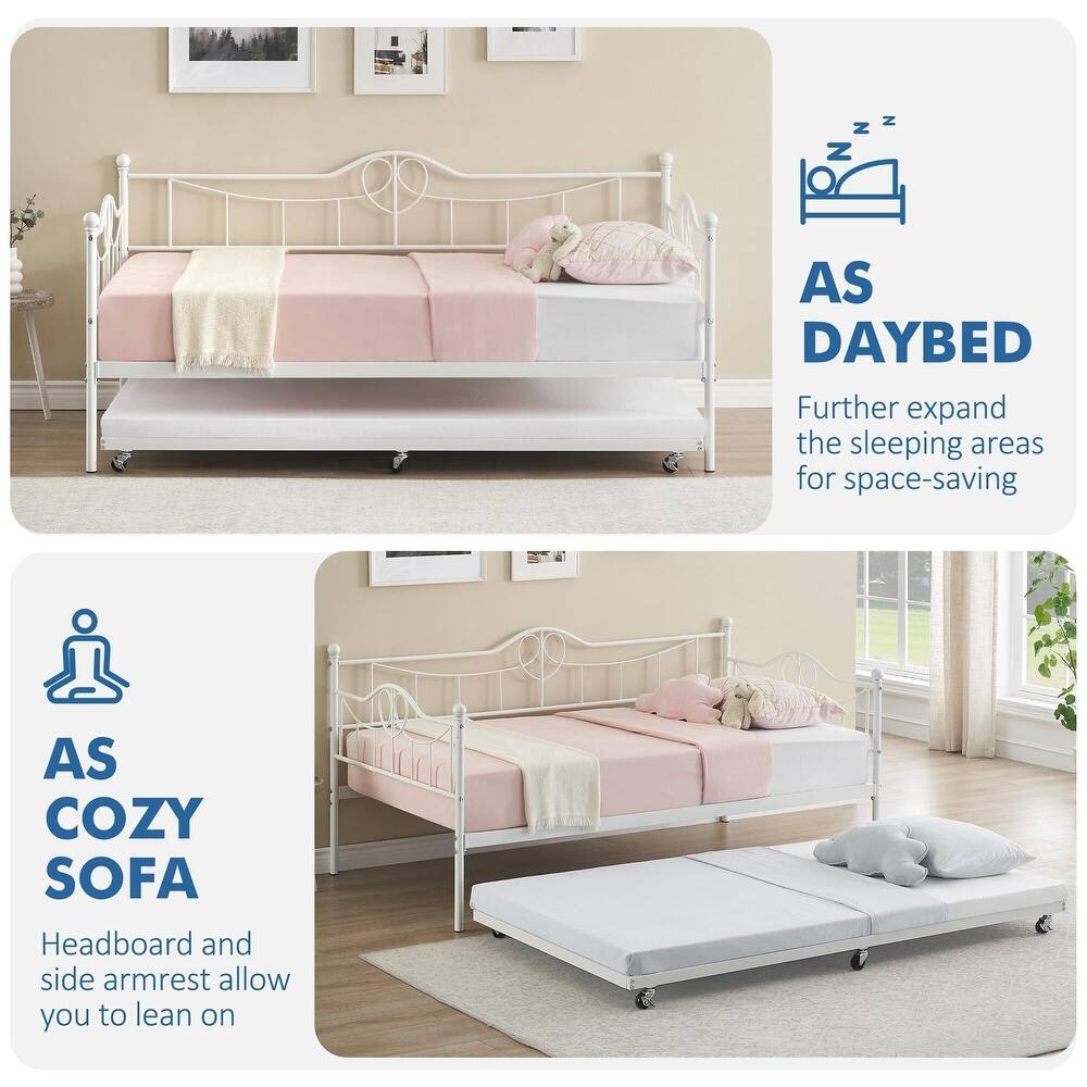 Garvee Twin Daybed with Trundle Bed,Metal Twin Day Bed Twin Size With Steel Slat Support, Sofa Bed for Living Room and Guest Room - White