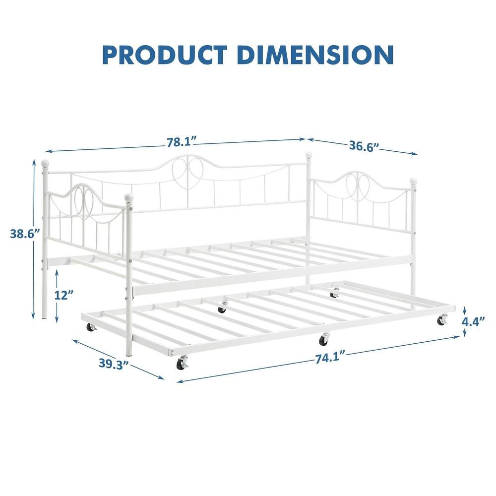Garvee Twin Daybed with Trundle Bed,Metal Twin Day Bed Twin Size With Steel Slat Support, Sofa Bed for Living Room and Guest Room - White